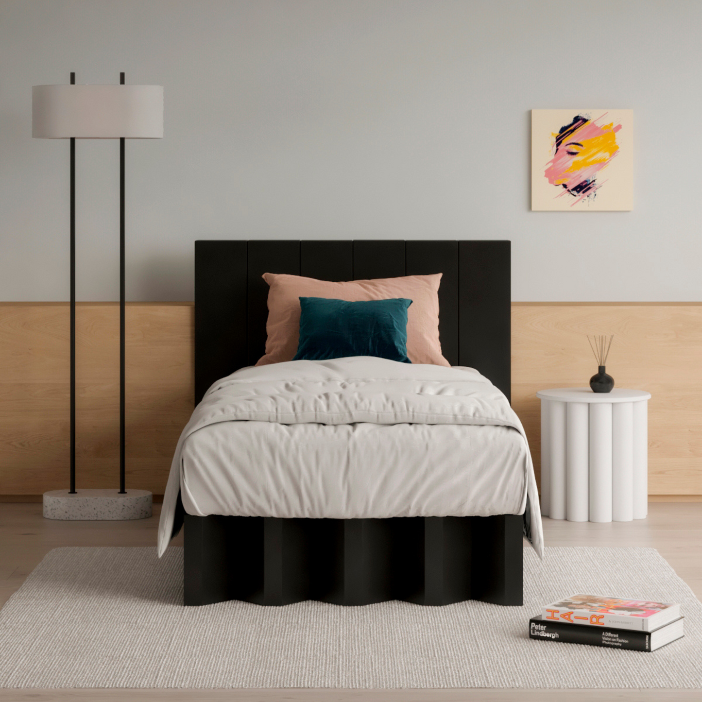 Front look of a twin size Yona bed with black headboard