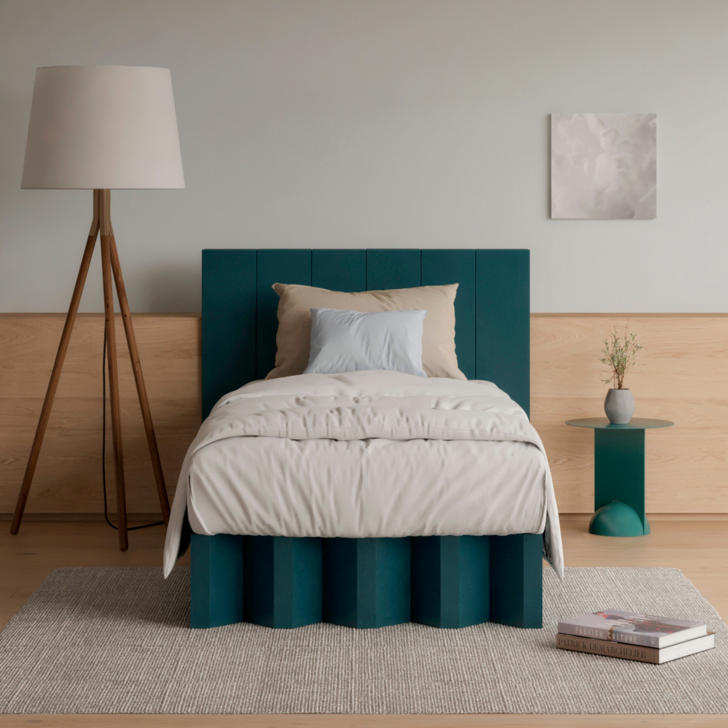 Yona headboard in forest green set up with bed base in a scandi room