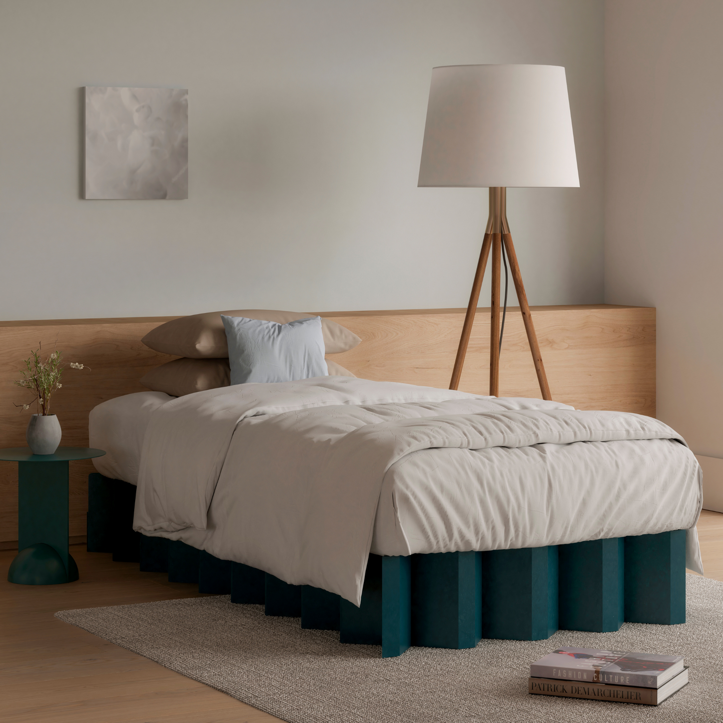 Yona Cardboard Bed in single and king single sizes in forest green finish angle