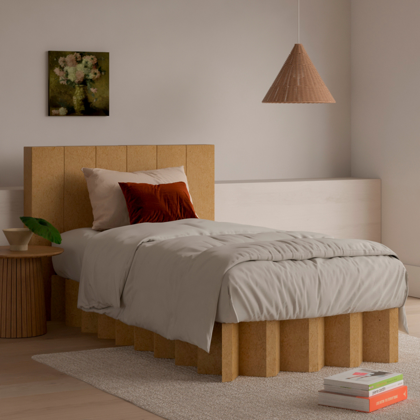 Yona Cardboard bed with headboard in natural finish in a bright Scandi room