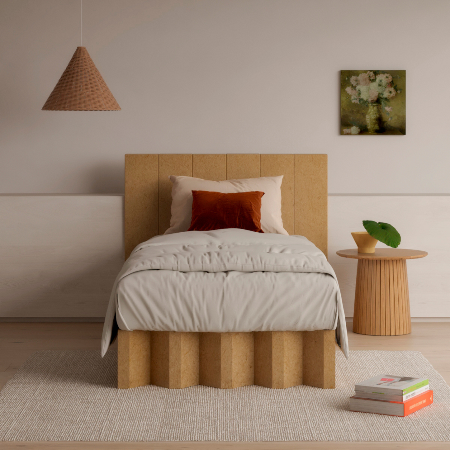Yona Cardboard twin size bed with headboard in natural finish