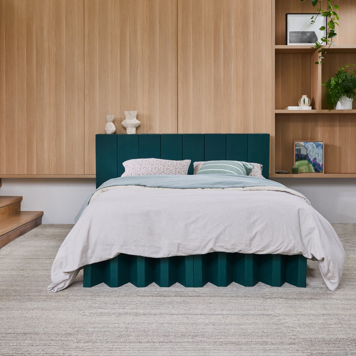 Yona green cardboard headboard with bed base – super strong, eco-friendly, and 100% recyclable.