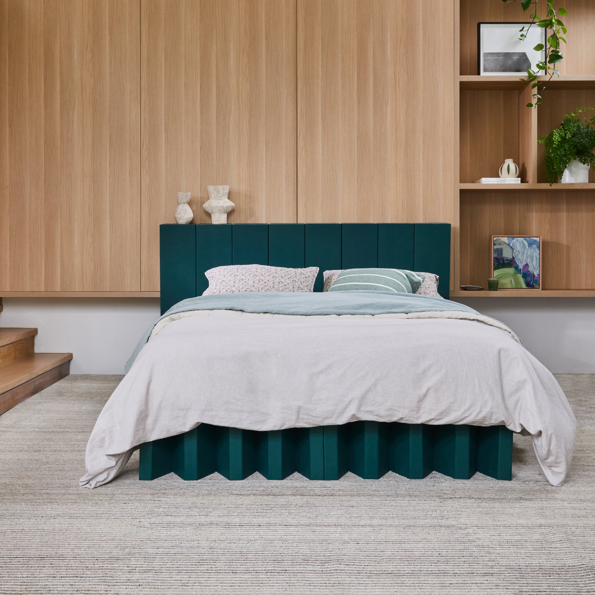 Yona green cardboard headboard with bed base – super strong, eco-friendly, and 100% recyclable.