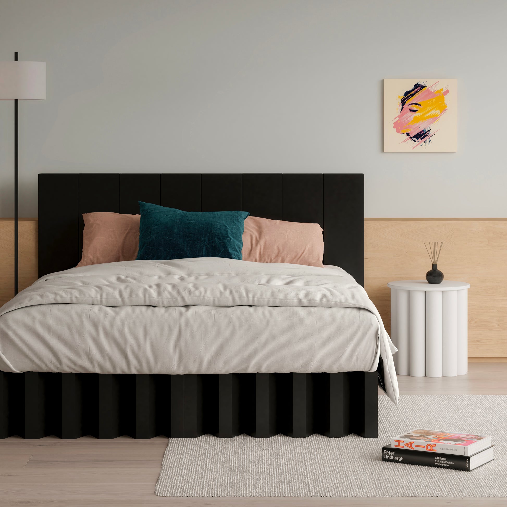 Queen size Yona bed base with headboard in black finish