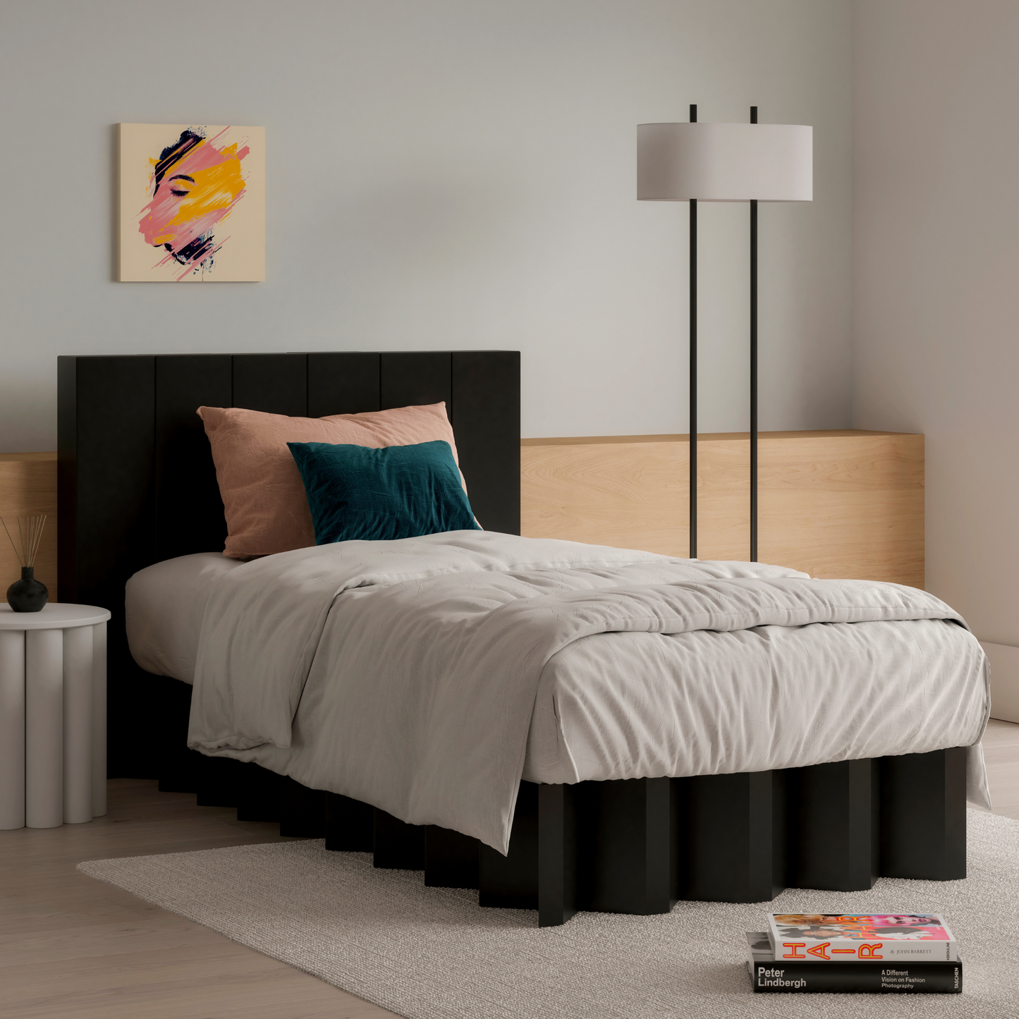 Angled look of the twin size Yona bed and headboard in a modernly designed room