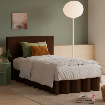 Yona Cardboard Bed with headboard in twin size with dark oak finish angle