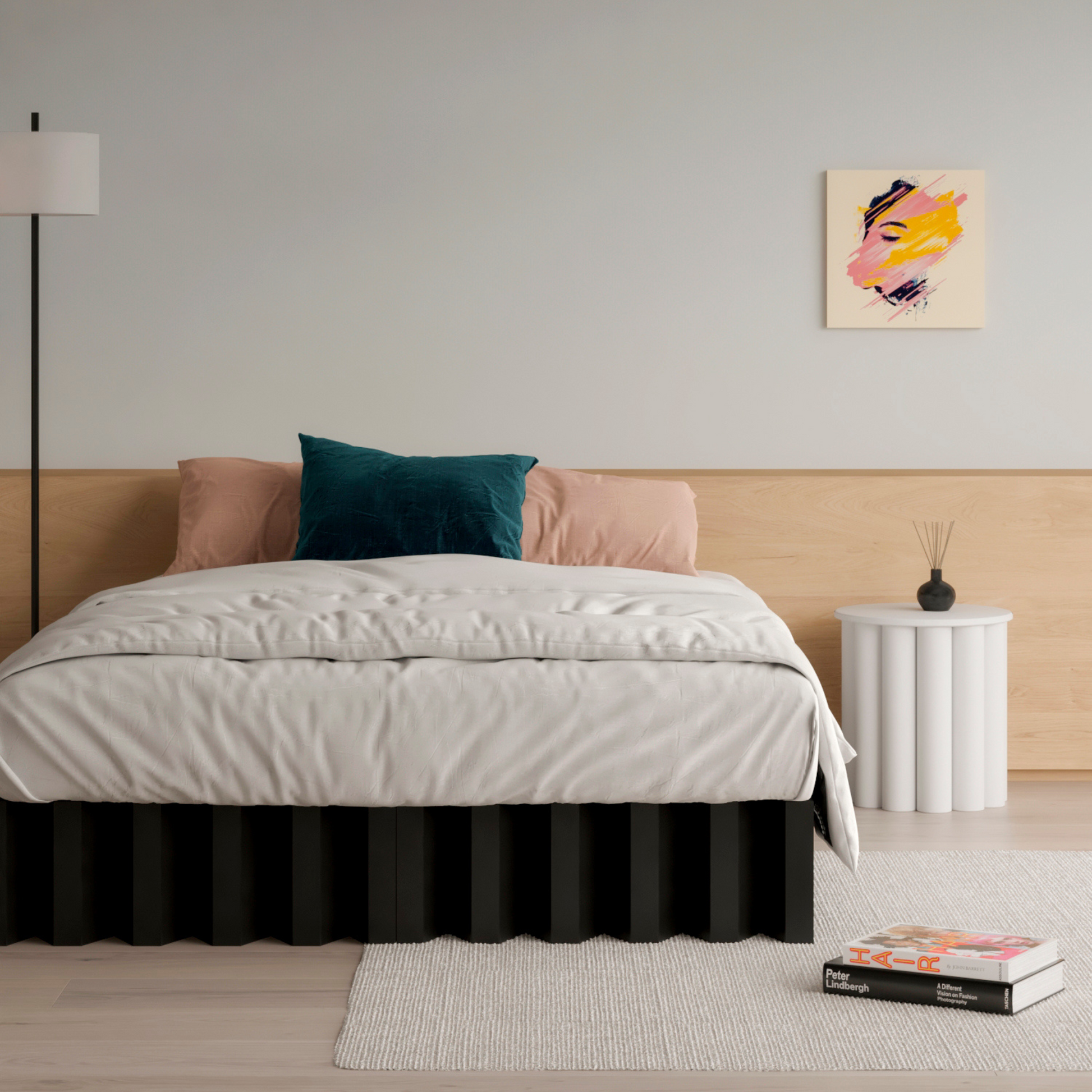 Yona Cardboard Bed in black finish styled in a sophisticated bedroom