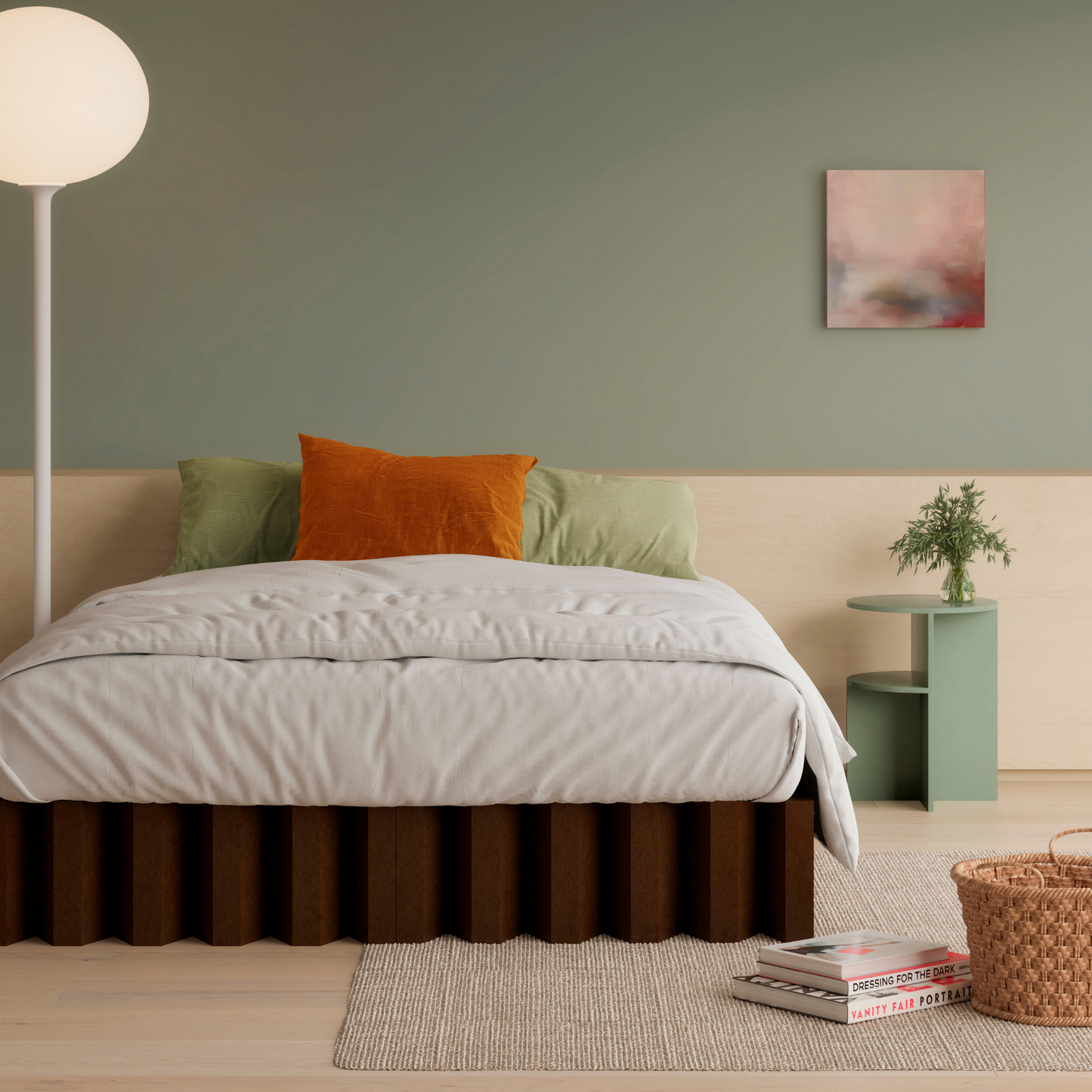 Yona Cardboard Bed in dark oak finish displayed in a chic bedroom