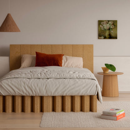 Yona Cardboard Bed with headboard in natural finish showcased in a bright scandi bedroom